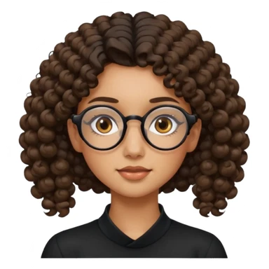 un chica con pelo rizado tiene hecha una coleta y con dos rizos sueltos en la parte de alante que le llega hasta el cuello. luego pil un poco morena ojos marrones y tiene gafas negras y son exagonales pero un poco redondeadas. sticker