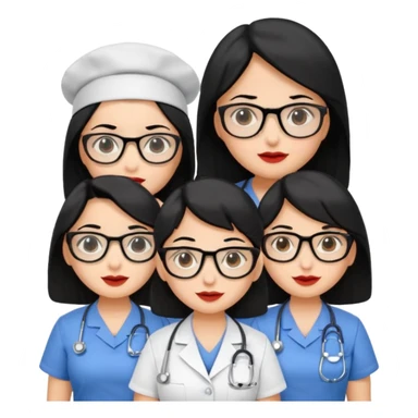 Genera emogis de 4 cuatro enfermeras de cabello negro largo, entre ellas que una tenga lentes y otra un lunar encima de los labios sticker