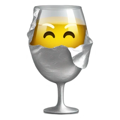A reflective, very crinkled and wrinkled aluminum foil hides a wine glass shape, like a stemmed wine glass sticker
