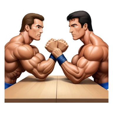 Arnold Schwarzenegger and Sylvester Stallone from 'Over the Top,' locked in an arm wrestling battle, using only their right hands. Their left hands rest on the table. Both display immense strength, with muscular arms flexing, under bright competition lights. Transparent background. sticker