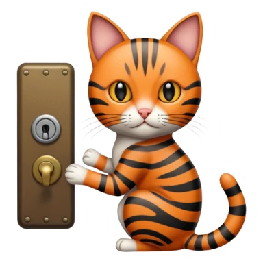 A short-tailed striped cat turning a doorknob sticker