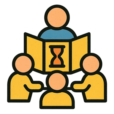 minimalist icon of players and a game master collaborating around a table or DM screen, with a clock or hourglass representing a multi-day marathon, worn and distressed look sticker