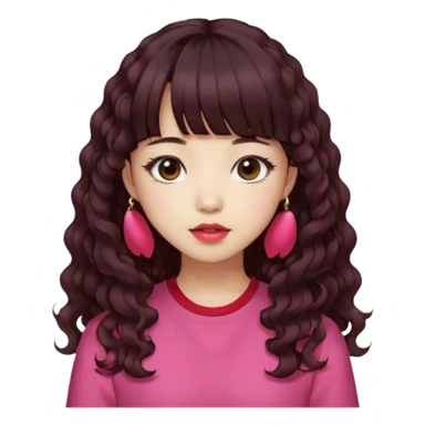 Korean girl, red top, black brown hair, brown eyes, long curly hair, aesthetic, long hair, hime cut, blunt bangs, pink lip, Cool girl sticker