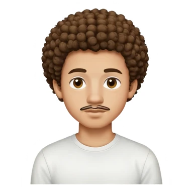 17 year old light-skinned boy with slightly brown smaller eyes, small mustache above lip, very curly hair like a small afro with cut sides, one single curl like an antenna falling on forehead, wearing a tight white shirt sticker