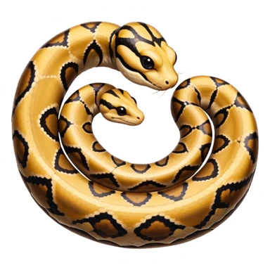 A photo-realistic top-down view of a Ball Python gently coiled into a tight spiral, with its head resting peacefully at the center. Its scales are warm brown with bold, irregular black markings, including the distinctive “alien-head” pattern, flowing smoothly along its body.  sticker