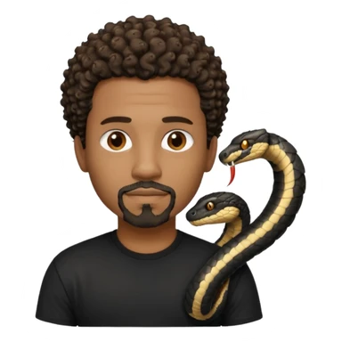 Homme couleur de peau noir, yeux marron avec un bouc que le menton, cheveux court et bouclé crépus avec dégradé sur le côté, avec un cobra à côté , t-shirt noir  sticker