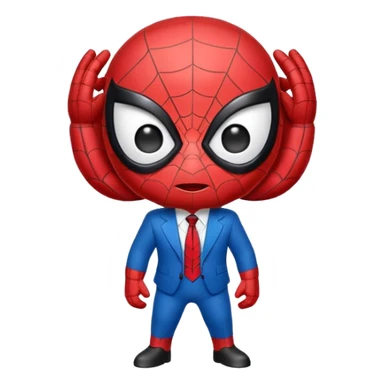 A cute caricature Spider-Man emoji, chibi style, oversized head and tiny body, big expressive white eyes, simplified red and blue suit, thick black outlines, glossy cartoon shading, friendly playful expression, clean vector style, centered face, emoji-sized, transparent background sticker