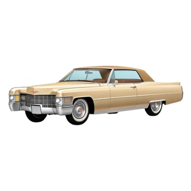 Extremely minimalist beige 1966 Cadillac DeVille, bare essential details, simple geometric shapes, 30-degree angle, Once Upon a Hollywood inspired, iOS emoji style sticker