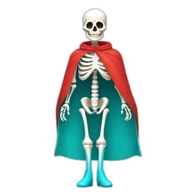 a male skeleton with his rib cage showing and a white top and cyan bottom and red boots and red gloves and a red short cape sticker