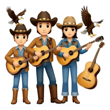 Icon for Country Music: A collage featuring Eagles as a band, Ricky Nelson, and Linda Ronstadt. Acoustic guitars, banjo, cowboy hats and a vintage Americana aesthetic evoke the spirit of classic country and country rock. Warm earthy tones. Transparent background. sticker
