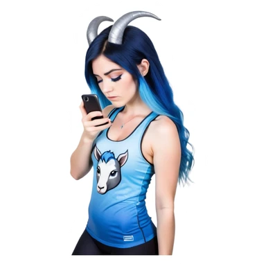 Disapponted-big tears-head back texting on phone-very very large upper body-sexy face-bending forward at waist-very long very straight dark blue to light blue ombre hair-and-blue eyes-thick black eyeliner-cute goat horns-iridescent blue lowcut tanktop with black leggings with glitter superman logo sticker