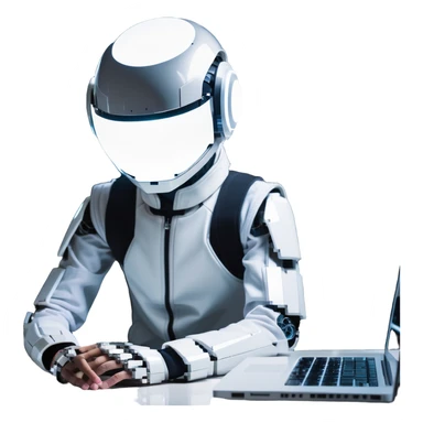 futuristic tech boy wearing a sleek robot helmet with a glowing white circle light in the center, sitting in front of an advanced high-tech laptop, neon-lit cyberpunk room with holographic displays and gadgets, focused posture, soft reflections on helmet, mysterious atmosphere sticker