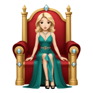 Lilith symbol light brown eyes. Woman of justice and power. Shoulder  length blonde haired  woman with Gucci, and designer bags next to her. Wearing long elegant dress with slit, sitting on a throne and diamonds everywhere around her. Black Platform high heels on feet. designer bags around her.  sticker