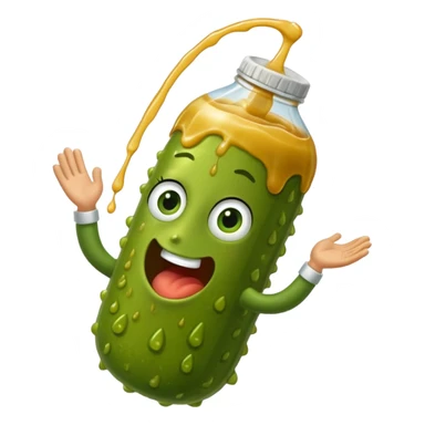 a cartoon pickle with juice squirting from the top of it, being squeezed by a hand sticker