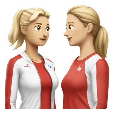2 white woman in sportswear talking, one is red color sticker