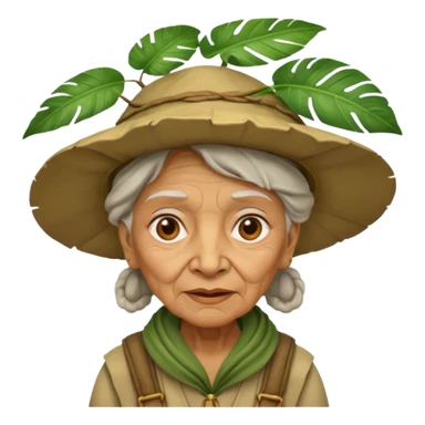 a old woman explorer with jungle wearing a large leaf headgear bye  sticker