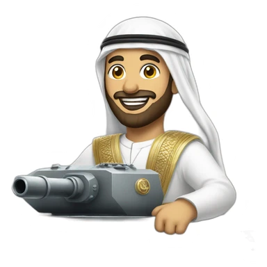 prince from Saudi Arabia with a beard in a white  shemagh national headdress riding  on a tank, smiling sticker