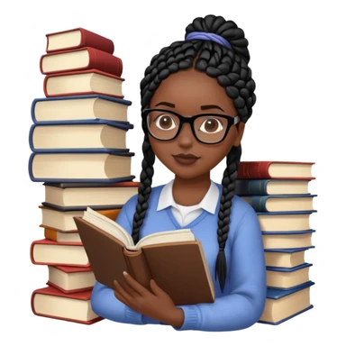 A dark-skinned Black woman with black box braids, wearing glasses, reading a textbook with a stack of books beside her. sticker