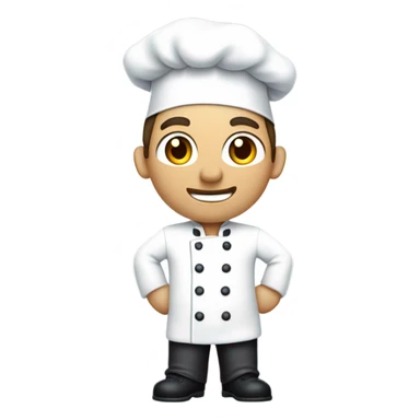Full shot of a cartoon chef.

The chef is a light yellowish-tan color, with dark brown hair, and light blue eyes. He's wearing a white chef's jacket with dark-colored (black or dark gray) trousers, and dark-colored shoes. The chef's jacket has visible, evenly spaced, small round buttons. There is a small, featureless, light tan or beige colored patch on the jacket's right shoulder. A white chef's hat sits atop his head. His expression is neutral, but friendly, with a slight smile visible. His hands are positioned with his arms bent at the elbows and hands resting on his waist.

 sticker