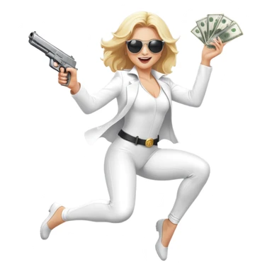 Mafia blondes woman Jumping for joy , in sunglasses, gun ,money , white costume  sticker