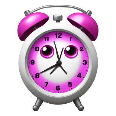 A fucsia alarm clock with eyes and a white dial sticker