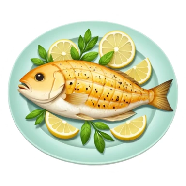 Draw a grilled fish fillet on a plate with lemon slices & herbs. sticker