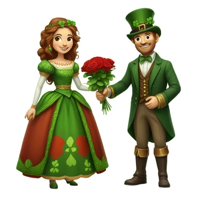 Short leprechaun giving red roses and clovers to a much taller brown haired queen sticker
