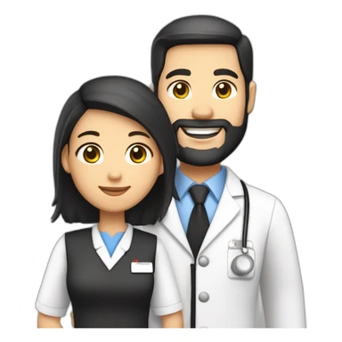 husband american 55 dark hair trimmed beard business suit pastor holding bible, wife asian age 55 black shoulder length hair wearing nurse uniform and nurse cap, no children sticker