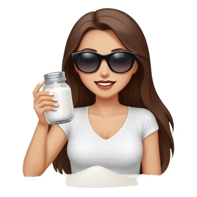 sassy woman with long brown hair and dark sunglasses holding a salt shaker filled with white table salt. She is shaking and sprinkling the salt. She is smirking.  sticker