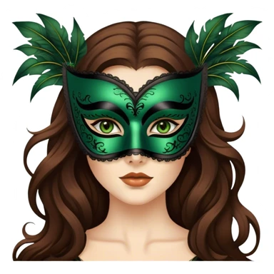 Greeneyed Woman with long brown hair wearing Black venetian mask sticker