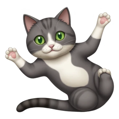 dark grey cat with green eyes, white toes/paws and white patch on her chest playfully rolling upside down sticker