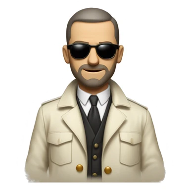 <excerpt>
A 1930s white man with real buzz cut Black hair, beard stubble donning small red tinted sun glasses in a dirty white trench coat, is serious.
</excerpt> sticker
