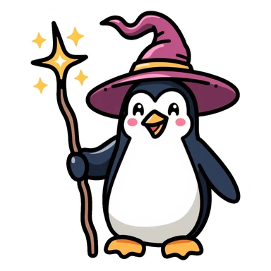 Penguin dressed as a wizard with a magical wand and pointy wizard hat sticker