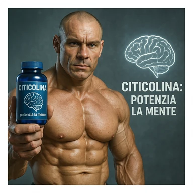 hyper realistic bodybuilder with Citicolina and brain symbol, sculpted muscles, blue bottle, brain icon next to it, text 'Citicolina: potenzia la mente', scientific atmosphere, realistic details sticker