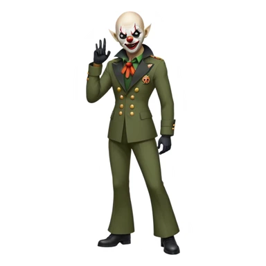 evil clown, bald, short black devil horns on forehead, fangs, pointed ears, black and military green leisure suit with bellbottom pants, realistically proportioned, less bulky, full body, battle-ready, fighting posture sticker