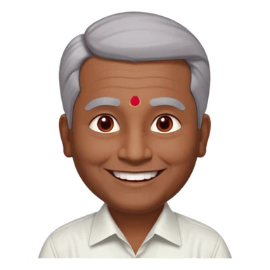 50 yr old indian man, dark skin, grey hair, big smile, white teeth, chubby, no moustache, clean shaven, young style hair, hair brushed back, 5 oclock shadow, bindy, dress shirt, forehead dot, chubby, religious, red dot sticker
