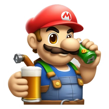 Mario plumber drinking beer with a shirt that reads “HOPE” with a pipe wrench logo sticker