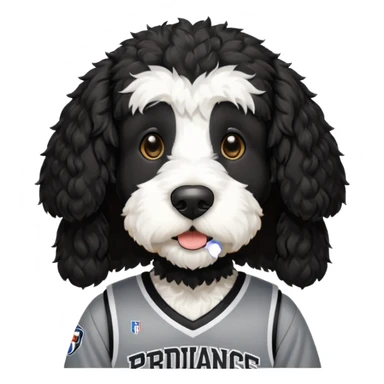 A black Bernedoodle with a white chest with a Providence friars basketball jersey on sticker