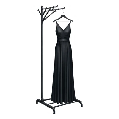 metal clothing rack with a formal black dress hanging sticker