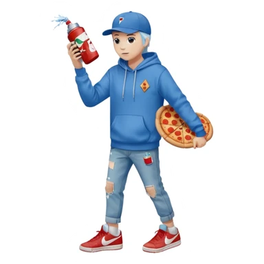 The American person. With white skin. And a blue baseball cap. A light red hoodie. With pizza on it. And torn blue jeans. With Nike shoes on. Holding  A spray paint can. sticker