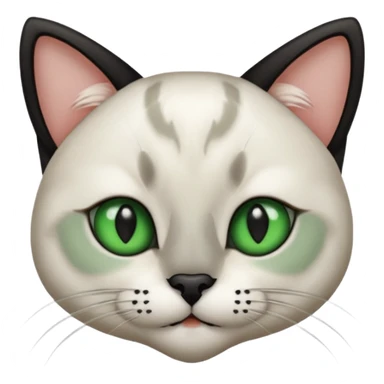 Haz una gata de ojos verdes la cara blanca con mancha negra en las orejas que agarra parte de la frente del lado der pero del iz va desde el ojo hasta la oreja la mancha, tiene la nariz negra en forma de corazón y todo lo que sobra de la cara, barbilla la nariz arriba y el lado de bigotes es blanca sticker