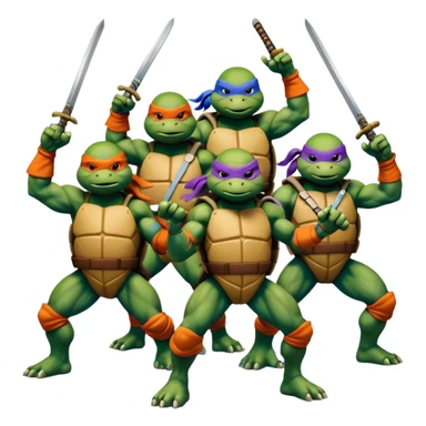 Give me a picture of 4 teenage mutant ninja turtles. Make them hold a fighting pose. One should be red, another orange, another purple, another blue sticker