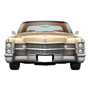 Iconic beige 1966 Cadillac DeVille with distinct front grille and headlights, precise three-quarter view at 30 degrees, authentic vintage luxury proportions, as seen in Once Upon a Hollywood, iOS emoji style sticker