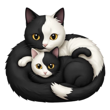 yin-yang symbol made of a black cat and a white cat, curled up together, peaceful expression, emoji style sticker