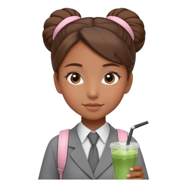 a cute face girl with brown one hair bun and a gray school uniforms and a black tie, she use a pastel pink bagpack and she brought a glass of matcha drink. sticker