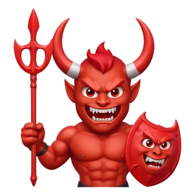 Red devil emoji, 3D cartoon style, muscular body, bright red skin, big curved white horns, angry face, sharp teeth smile, holding red trident, glossy emoji texture, centered character, GREEN SCREEN BACKGROUND, solid green color sticker