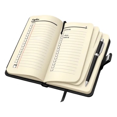 An open black Moleskine notebook with 'AGENDA' written in bold at the top of the page and meeting items with bullet points clearly visible below sticker