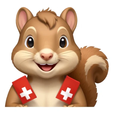 happy squirrel at a party, confetti everywhere, proudly displaying a Swiss flag, emoji style sticker