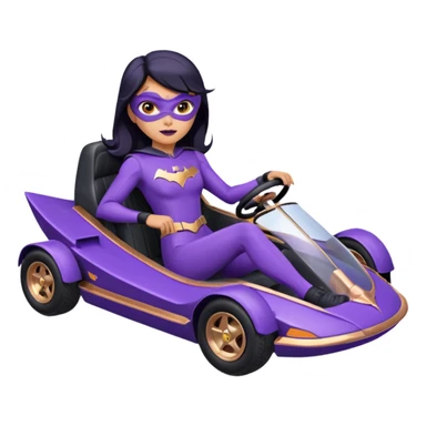 Hot full size real-appearance racing action BatGirl’s Lego feminine midnight-purple tight outfit sixty’s tv show 1992 stealthy retro sporty petite off-road pursuit hovering hover cruiser car rose gold accents (black hair,reclined and relaxed seating position) go kart sticker