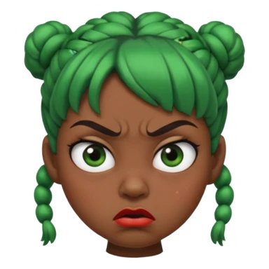 Create a 3D cartoon-style girl character with dark skin, round face, angry expression, big wide eyes, and tightly styled double buns made of green beaded hair. The girl should look irritated, eyebrows sharply angled, and lips pressed in a frown. sticker